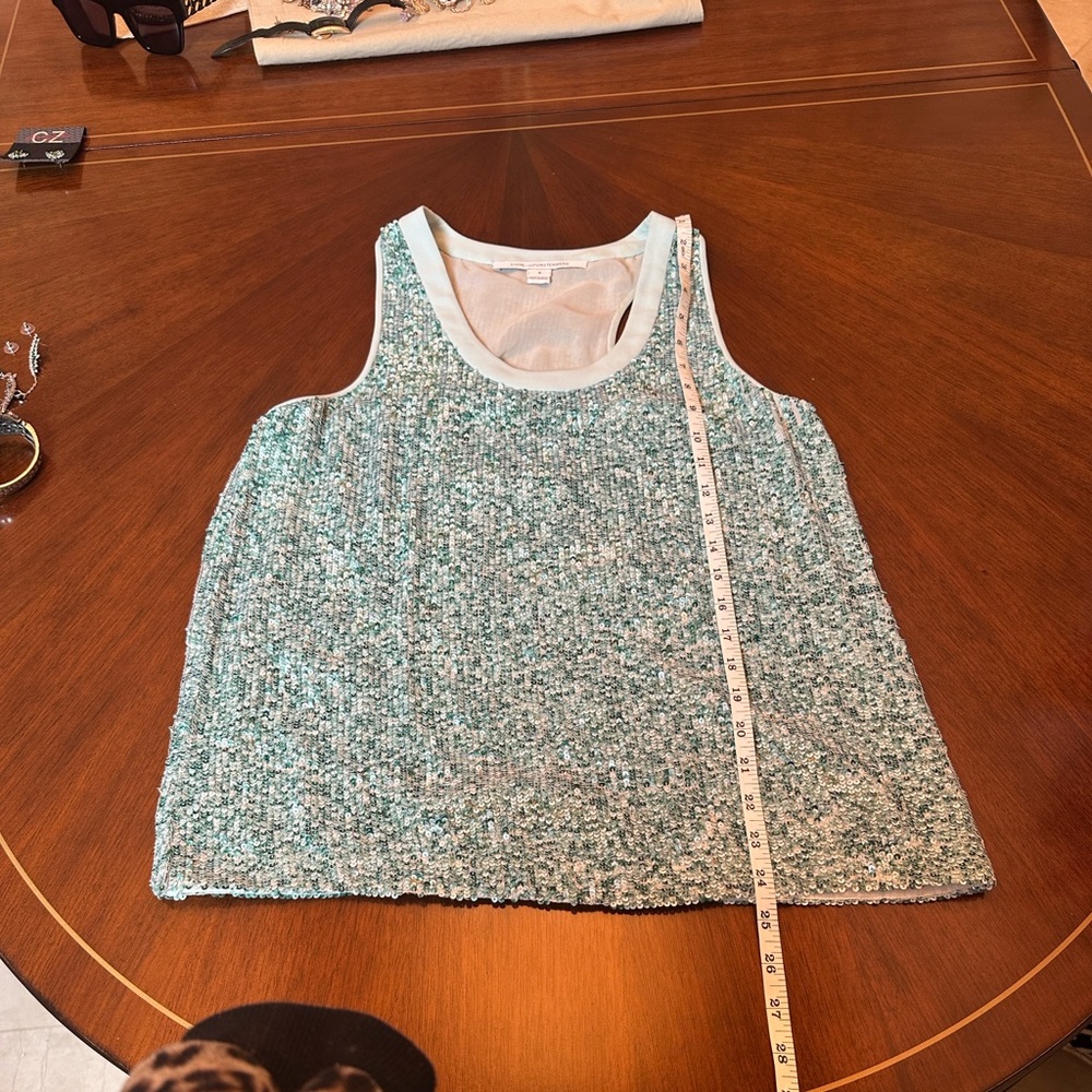 Diane von Furstenberg Silk Sequined Sleeveless Top Blouse Teal Green Racerback - Picture 14 of 14